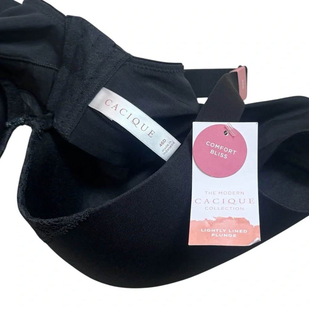 NEW Cacique Black Sheer Comfort Bliss Lightly Lined Plunge Bra Romantic 46D‎